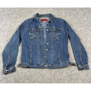 Tripp NYC Punk Denim‎ Trucker Jacket Women's 0 Small Bike Cross Buckles EMO Y2K